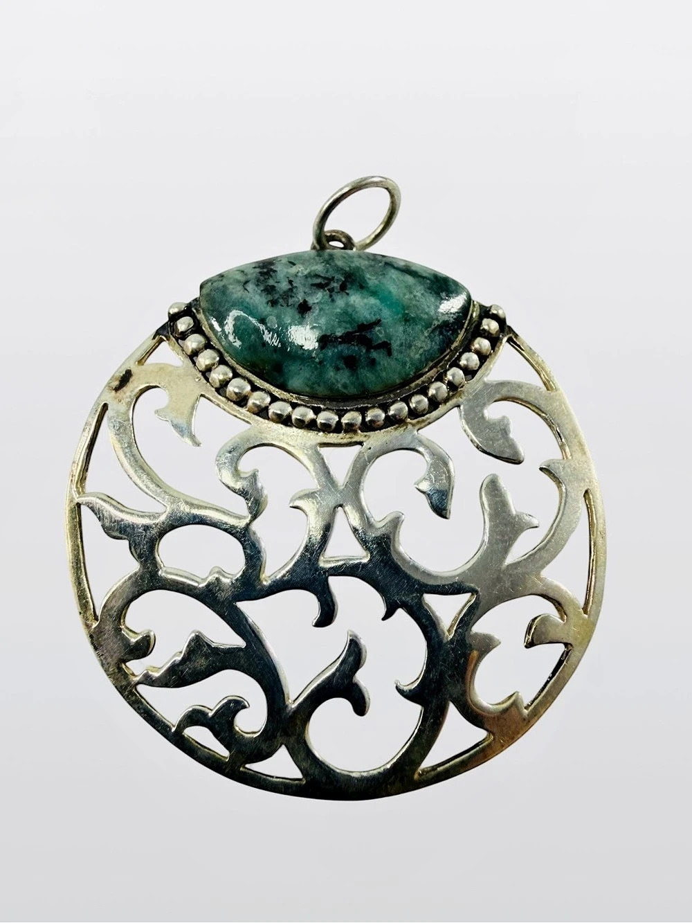 CFJ Sterling Silver 925 Round Open Scroll Pendent Green Black Eilat Stone Beaded